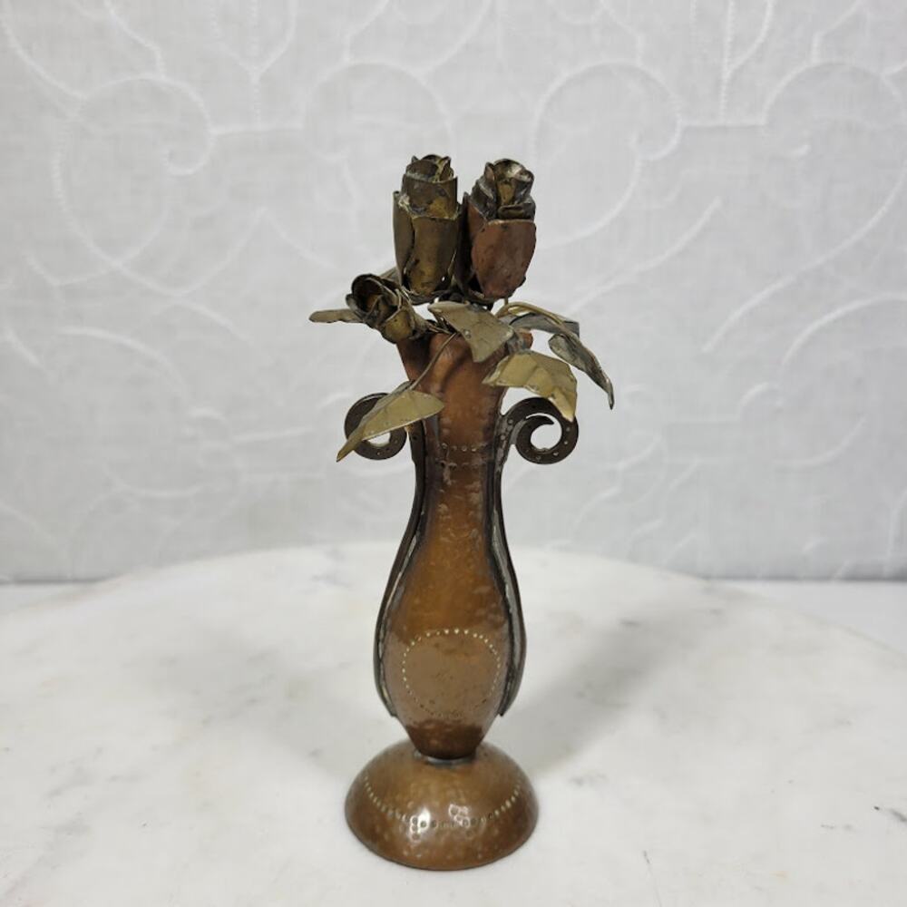 Antique Tole Flower and Vase 6" Copper Metal Art Clover Markings 1771